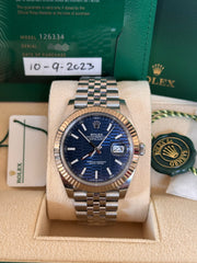 Pre-owned Rolex Datejust 41mm 126334 Discontinued Blue Motif Dial 2023 Full Set