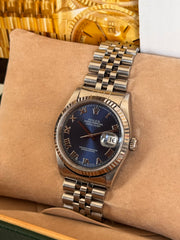 Pre-owned Rolex Datejust 36mm 16234 Blue Roman Dial Jubilee Strap White Gold Bezel Box and Papers