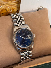 Pre-owned Rolex Datejust 36mm 16234 Blue Roman Dial Jubilee Strap White Gold Bezel Box and Papers