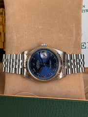 Pre-owned Rolex Datejust 36mm 16234 Blue Roman Dial Jubilee Strap White Gold Bezel Box and Papers