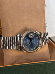 Pre-owned Rolex Datejust 36mm 16234 Blue Roman Dial Jubilee Strap White Gold Bezel Box and Papers