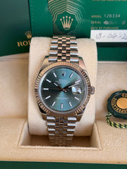 Pre-owned Rolex Datejust 41mm Mint Green Dial 126334 Box and Papers 2024 Mint Jubilee Strap