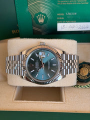 Pre-owned Rolex Datejust 41mm Mint Green Dial 126334 Box and Papers 2024 Mint Jubilee Strap