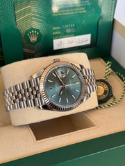 Pre-owned Rolex Datejust 41mm Mint Green Dial 126334 Box and Papers 2024 Mint Jubilee Strap