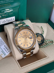 Pre-owned Rolex Datejust 41mm 126333 Champagne Dial Oyster Strap Yellow Gold Fluted Bezel Box and Papers