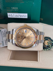 Pre-owned Rolex Datejust 41mm 126333 Champagne Dial Oyster Strap Yellow Gold Fluted Bezel Box and Papers