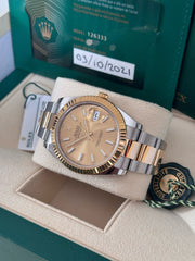 Pre-owned Rolex Datejust 41mm 126333 Champagne Dial Oyster Strap Yellow Gold Fluted Bezel Box and Papers