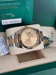 Pre-owned Rolex Datejust 41mm 126333 Champagne Dial Oyster Strap Yellow Gold Fluted Bezel Box and Papers