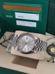 Pre-owned Rolex Datejust 41mm 126334 SIlver Dial Jubilee Strap Fluted Bezel Box and Papers
