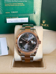 Pre-owned Rolex Datejust 126331 Wimbledon Dial Rose Gold Steel Oyster Strap Fluted Bezel 2021 Box and Papers