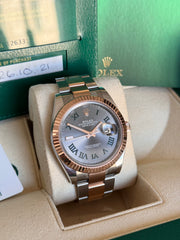 Pre-owned Rolex Datejust 126331 Wimbledon Dial Rose Gold Steel Oyster Strap Fluted Bezel 2021 Box and Papers