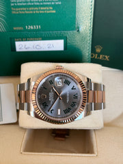 Pre-owned Rolex Datejust 126331 Wimbledon Dial Rose Gold Steel Oyster Strap Fluted Bezel 2021 Box and Papers
