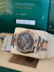 Pre-owned Rolex Datejust 126331 Wimbledon Dial Rose Gold Steel Oyster Strap Fluted Bezel 2021 Box and Papers