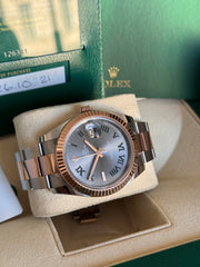 Pre-owned Rolex Datejust 126331 Wimbledon Dial Rose Gold Steel Oyster Strap Fluted Bezel 2021 Box and Papers