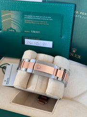 Pre-owned Rolex Datejust 126331 Wimbledon Dial Rose Gold Steel Oyster Strap Fluted Bezel 2021 Box and Papers