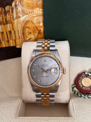 Pre-owned Rolex Datejust 36mm 16233 Grey Factory Diamond Dial Jubilee Strap 1988 Box and Papers