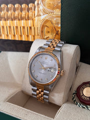 Pre-owned Rolex Datejust 36mm 16233 Grey Factory Diamond Dial Jubilee Strap 1988 Box and Papers