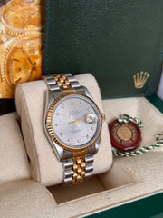 Pre-owned Rolex Datejust 36mm 16233 Grey Factory Diamond Dial Jubilee Strap 1988 Box and Papers