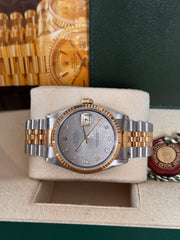 Pre-owned Rolex Datejust 36mm 16233 Grey Factory Diamond Dial Jubilee Strap 1988 Box and Papers