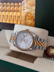 Pre-owned Rolex Datejust 36mm 16233 Grey Factory Diamond Dial Jubilee Strap 1988 Box and Papers