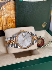 Pre-owned Rolex Datejust 36mm 16233 Grey Factory Diamond Dial Jubilee Strap 1988 Box and Papers