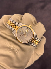 Pre-owned Rolex Datejust 36mm 16233 Grey Factory Diamond Dial Jubilee Strap 1988 Box and Papers