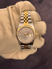 Pre-owned Rolex Datejust 36mm 16233 Grey Factory Diamond Dial Jubilee Strap 1988 Box and Papers