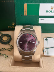 Pre-owned Rolex Oyster Perpetual 39mm Grape Dial 114300 2019 Box and Papers
