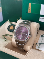 Pre-owned Rolex Oyster Perpetual 39mm Grape Dial 114300 2019 Box and Papers