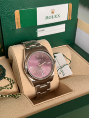Pre-owned Rolex Oyster Perpetual 39mm Grape Dial 114300 2019 Box and Papers