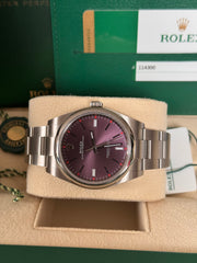 Pre-owned Rolex Oyster Perpetual 39mm Grape Dial 114300 2019 Box and Papers
