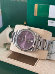 Pre-owned Rolex Oyster Perpetual 39mm Grape Dial 114300 2019 Box and Papers