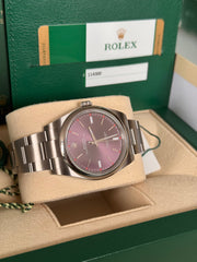 Pre-owned Rolex Oyster Perpetual 39mm Grape Dial 114300 2019 Box and Papers