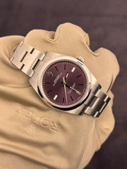 Pre-owned Rolex Oyster Perpetual 39mm Grape Dial 114300 2019 Box and Papers
