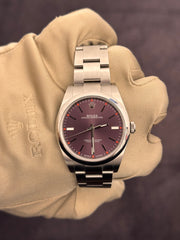 Pre-owned Rolex Oyster Perpetual 39mm Grape Dial 114300 2019 Box and Papers