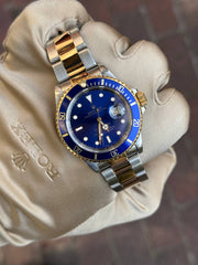 Pre-owned Rolex Submariner 16613 Two Tone Blue Dial Box and Papers