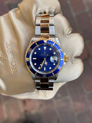 Pre-owned Rolex Submariner 16613 Two Tone Blue Dial Box and Papers