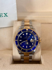 Pre-owned Rolex Submariner 16613 Two Tone Blue Dial Box and Papers
