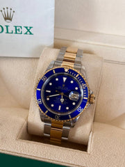 Pre-owned Rolex Submariner 16613 Two Tone Blue Dial Box and Papers