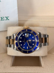 Pre-owned Rolex Submariner 16613 Two Tone Blue Dial Box and Papers