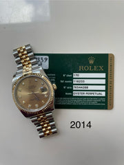Rolex Datejust 36mm 116233 Champagne Diamond Dial 2014 Jubilee Strap Yellow Gold Fluted Bezel Full Set