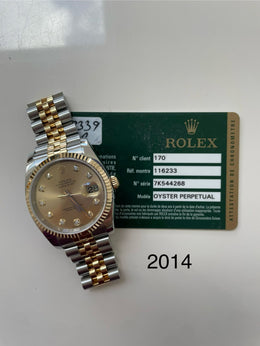 Rolex Datejust 36mm 116233 Champagne Diamond Dial 2014 Jubilee Strap Yellow Gold Fluted Bezel Full Set