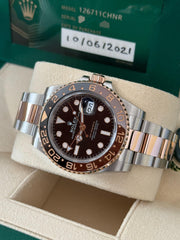 Pre-owned Rolex GMT Master II RootBeer Bi-Metal 126711CHNR 2021 Complete Set Mint Condition