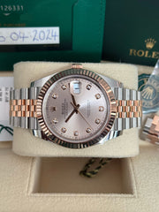 Pre-owned Rolex Datejust 41mm 126331 Sundust Diamond Dial Rose Gold Steel Jubilee Strap Fluted Bezel 2024 Complete UK Set