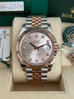 Pre-owned Rolex Datejust 41mm 126331 Sundust Diamond Dial Rose Gold Steel Jubilee Strap Fluted Bezel 2024 Complete UK Set