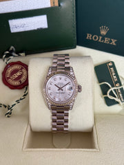 Pre-owned Rolex Datejust White Gold 26mm Mother of Pearl Diamond Dial Factory Diamond Shoulders 179239 2012 Mint Condition Complete Set