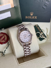 Pre-owned Rolex Datejust White Gold 26mm Mother of Pearl Diamond Dial Factory Diamond Shoulders 179239 2012 Mint Condition Complete Set