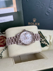 Pre-owned Rolex Datejust White Gold 26mm Mother of Pearl Diamond Dial Factory Diamond Shoulders 179239 2012 Mint Condition Complete Set