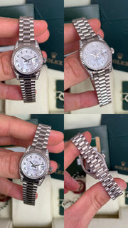 Pre-owned Rolex Datejust White Gold 26mm Mother of Pearl Diamond Dial Factory Diamond Shoulders 179239 2012 Mint Condition Complete Set