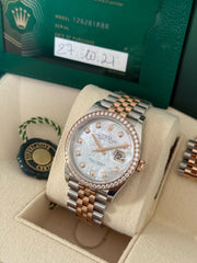 Pre-owned Rolex Datejust 36mm Mother of Pearl Diamond Dial Factory RBR Bezel 128281RBR 2021 Complete Set